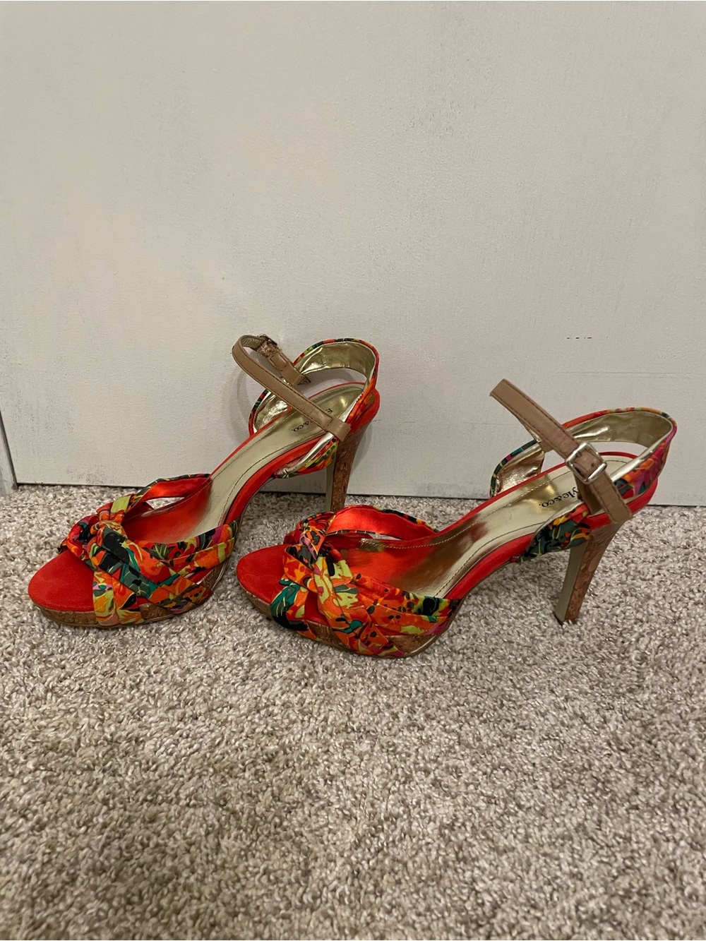 Style & Co. Red Floral Knot Peep-Toe Heels with Tan Ankle Strap